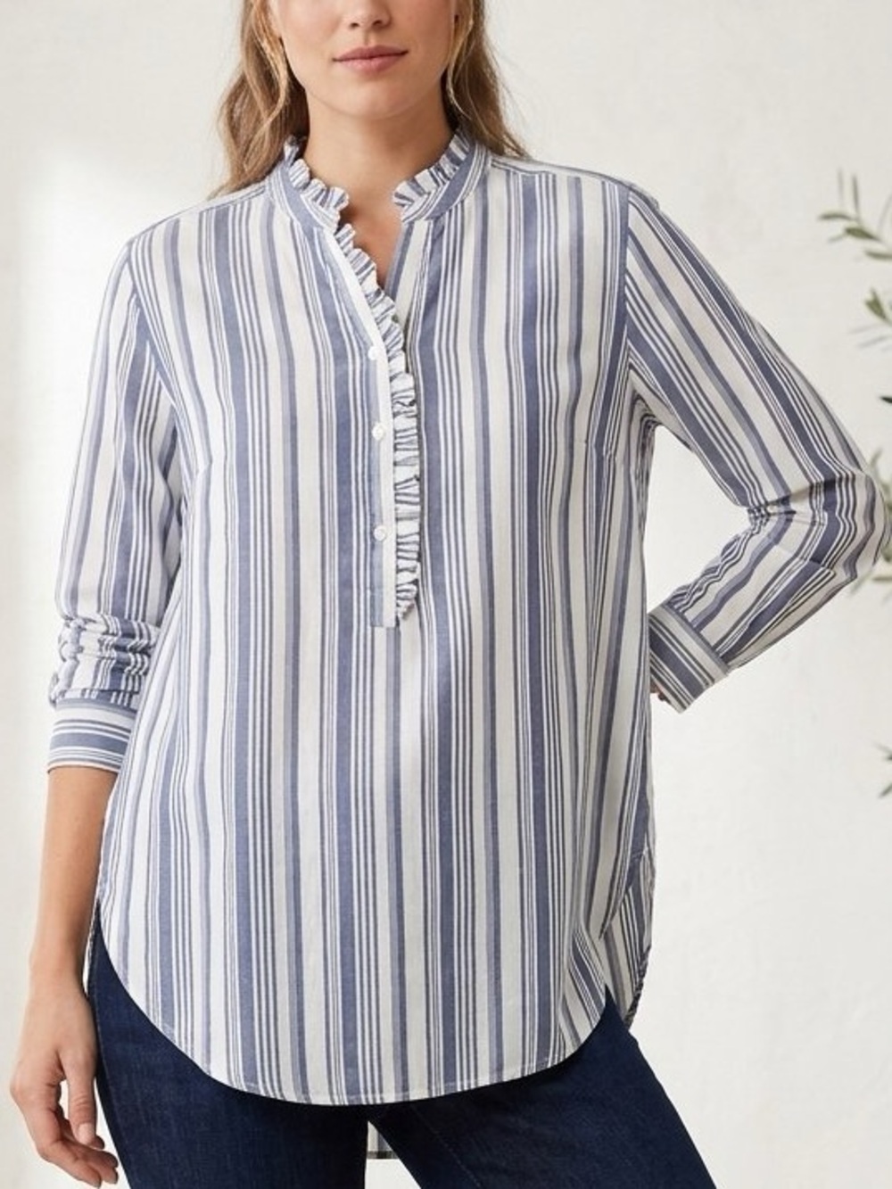Loft • Striped Ruffle Henley Blouse Blue Cream